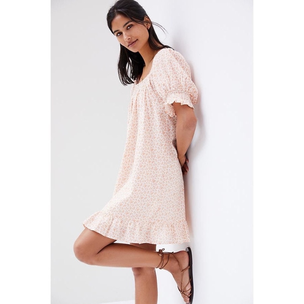 DRA Los Angeles Anthropologie Puff Sleeve Mini Dress, Orange Floral, Size XS